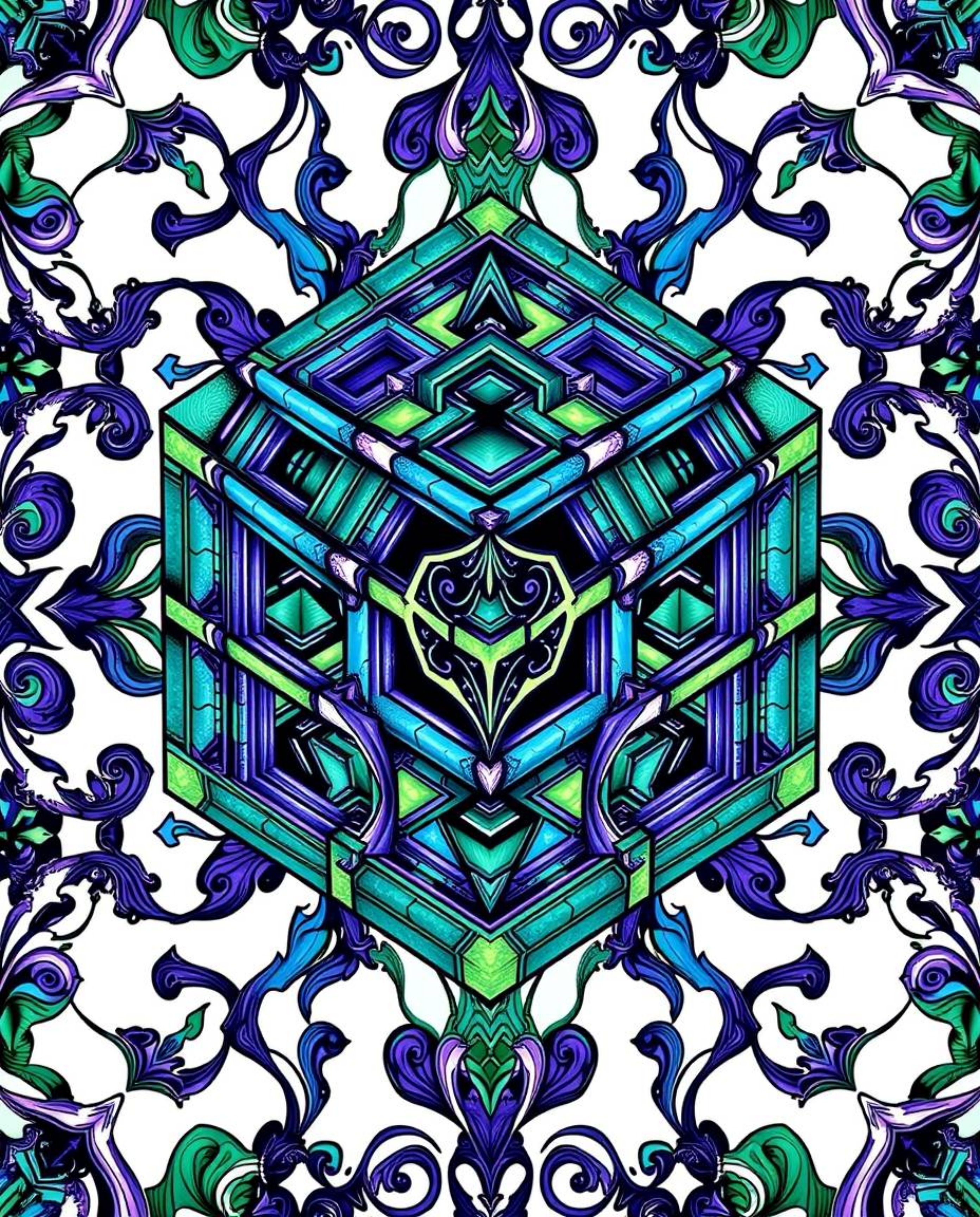 This vibrant art print features a captivating repetitive cube pattern in Escher-style impossible geometry, rendered in cool b