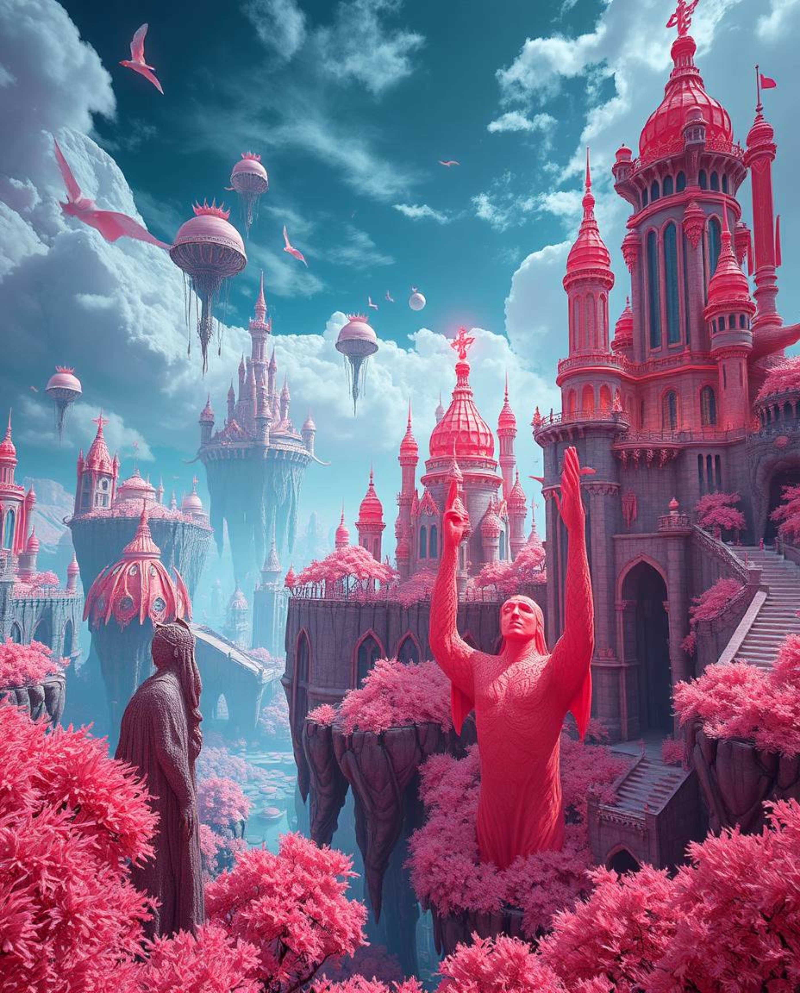 Explore a surreal and epic scene rendered in striking infrared tones, showcasing a modern and futuristic kingdom. This grand 