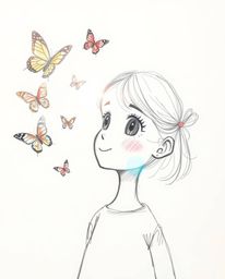 A charming girl with adorable features is depicted in a hand-drawn sketch style, releasing a flurry of butterflies into the a