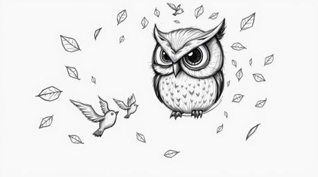 A charming, hand-drawn pencil sketch featuring a Pixar-esque blind owl with large, expressive eyes.  This whimsical scene dep