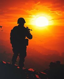 This painting depicts a sunrise over a war-torn landscape from a bird's eye perspective. The silhouetted foreground is backli