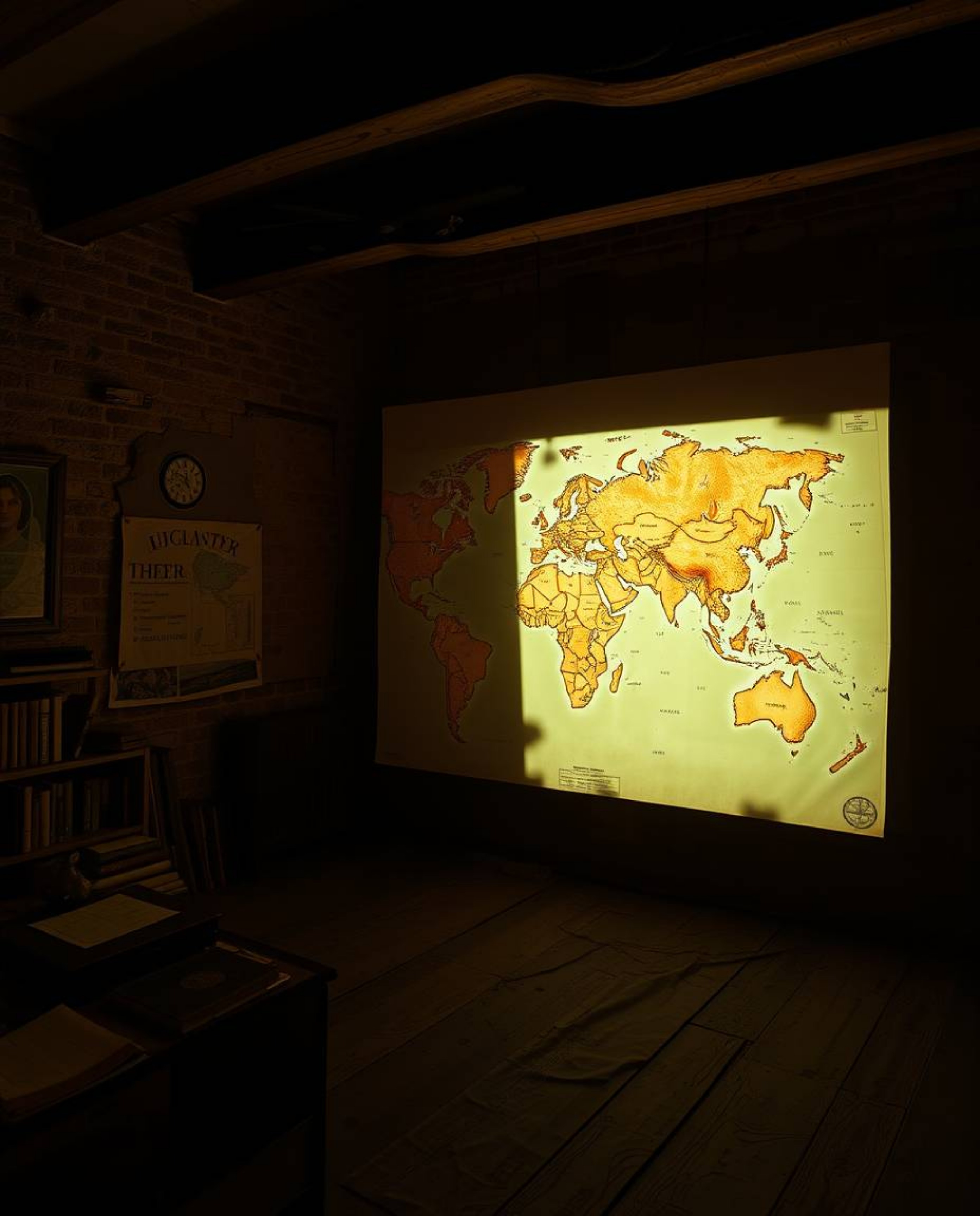 Experience the captivating allure of a glowing map projection in an old study, bathed in strong, hard light that casts direct