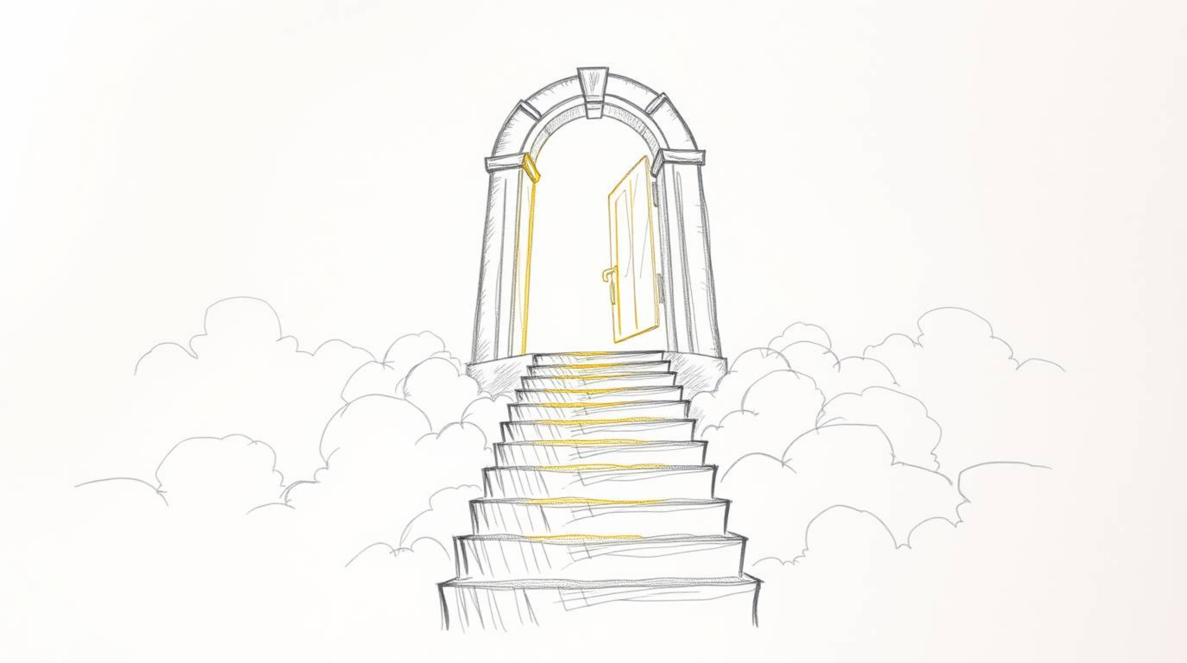 A captivating hand-drawn pencil sketch portrays a heavenly gate majestically floating above fluffy clouds.  Stairs ascend tow