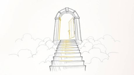A captivating hand-drawn pencil sketch portrays a heavenly gate majestically floating above fluffy clouds.  Stairs ascend tow