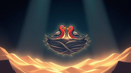 This modern, futuristic logo showcases two cartoon birds building a nest in a classic animation style, utilizing geometric sh