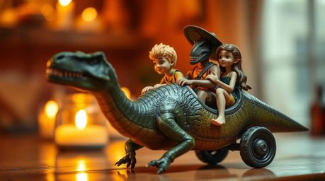 A prehistoric family joyfully rides in their dinosaur-powered car, sharply focused against a soft, warm, candlelit backdrop. 