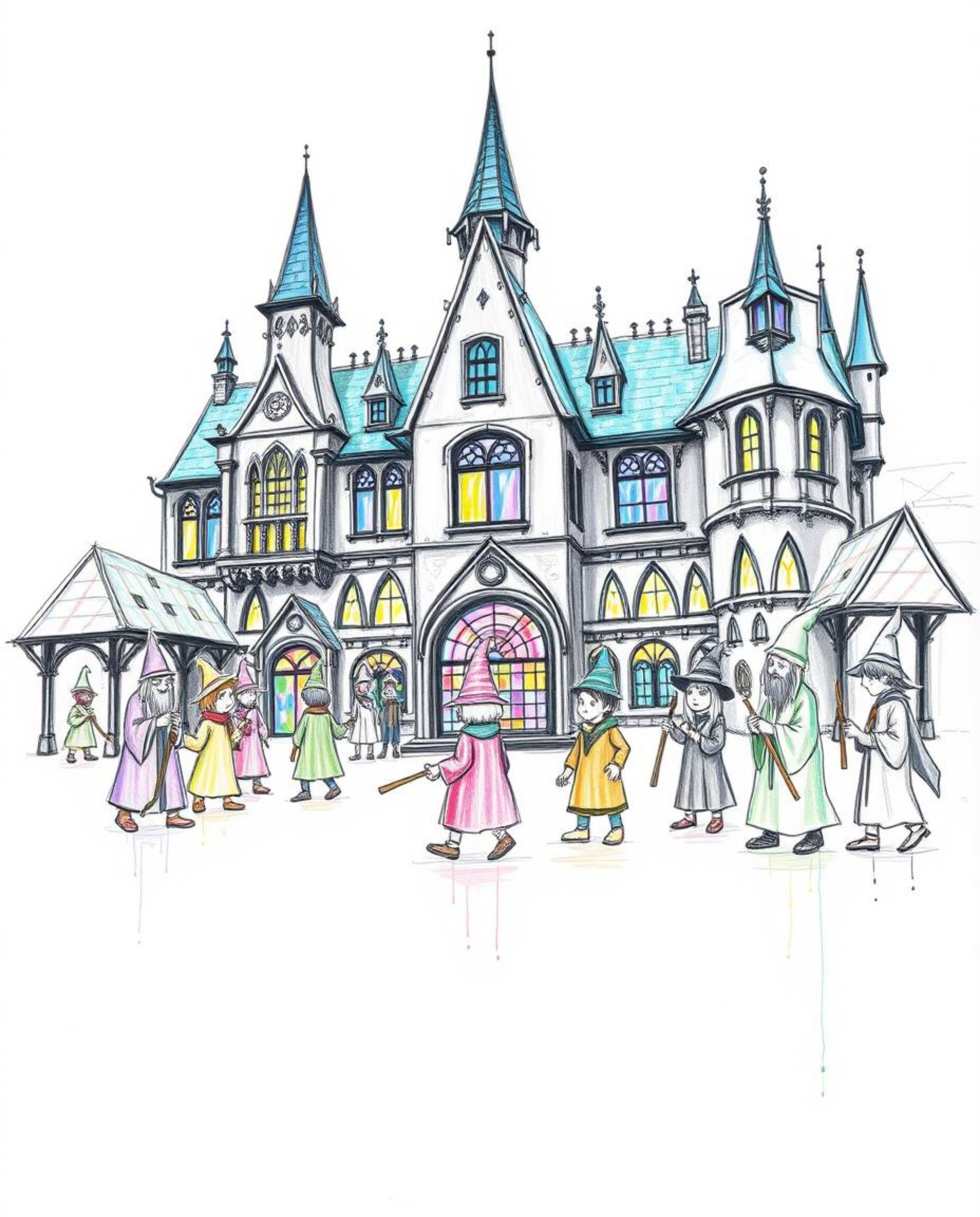 Discover a captivating hand-drawn illustration of a magical school brimming with young wizards.  The sketch style features vi