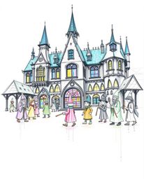 Discover a captivating hand-drawn illustration of a magical school brimming with young wizards.  The sketch style features vi
