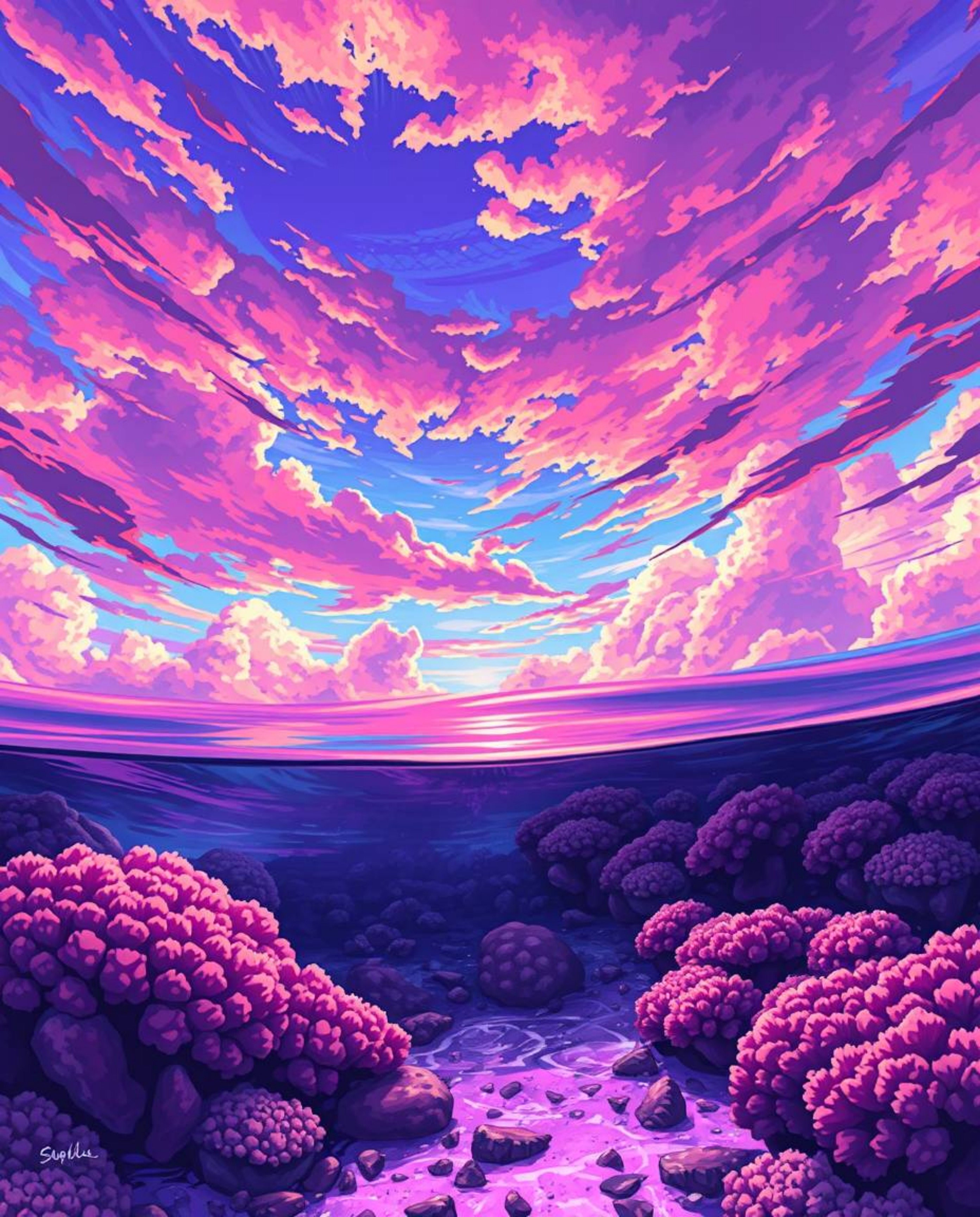 An Isekai anime-style digital painting offers a tight close-up of a colorful sky over a coral reef at low tide. The artwork i