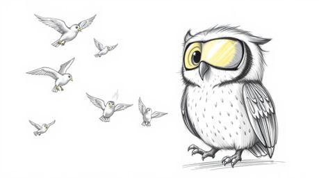 A heartwarming, Pixar-inspired hand-drawn sketch depicts a gentle, blind owl with expressive eyes, guiding a flock of birds i