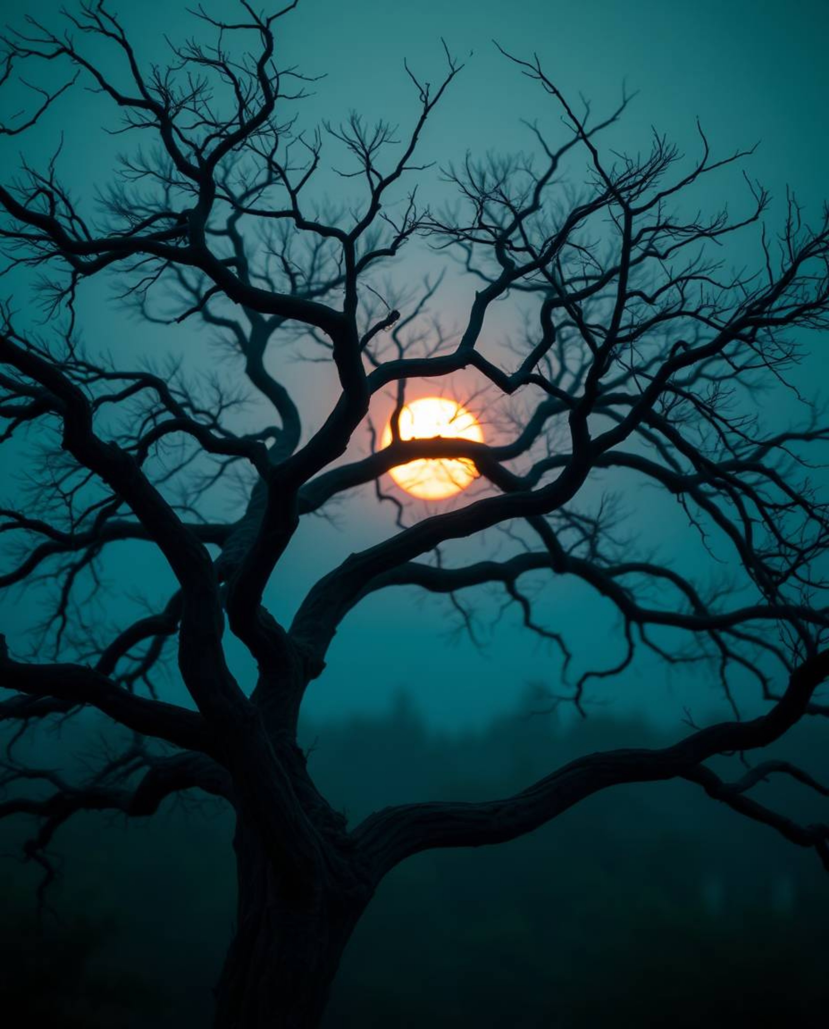 A soft cinematic image showcasing deep teal sunset hues behind a gnarled oak tree, with its twisted branches prominently feat