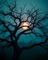 A soft cinematic image showcasing deep teal sunset hues behind a gnarled oak tree, with its twisted branches prominently feat