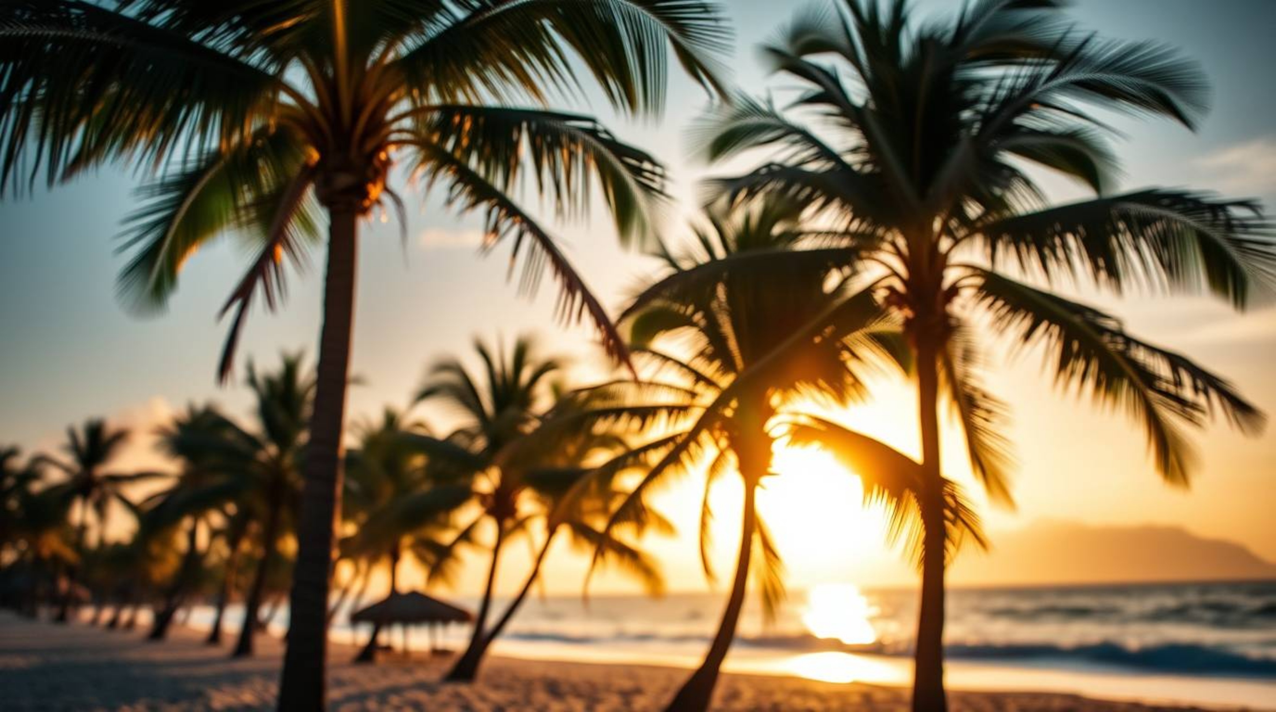 Experience the vibrant beauty of a tropical beach sunset.  This stunning scene features swaying palm trees bathed in strong, 