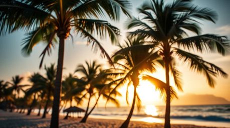 Experience the vibrant beauty of a tropical beach sunset.  This stunning scene features swaying palm trees bathed in strong, 