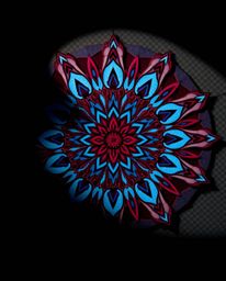 This artwork presents a sophisticated and elegant geometric floral mandala, rendered in rich burgundy and deep blue hues.  Th