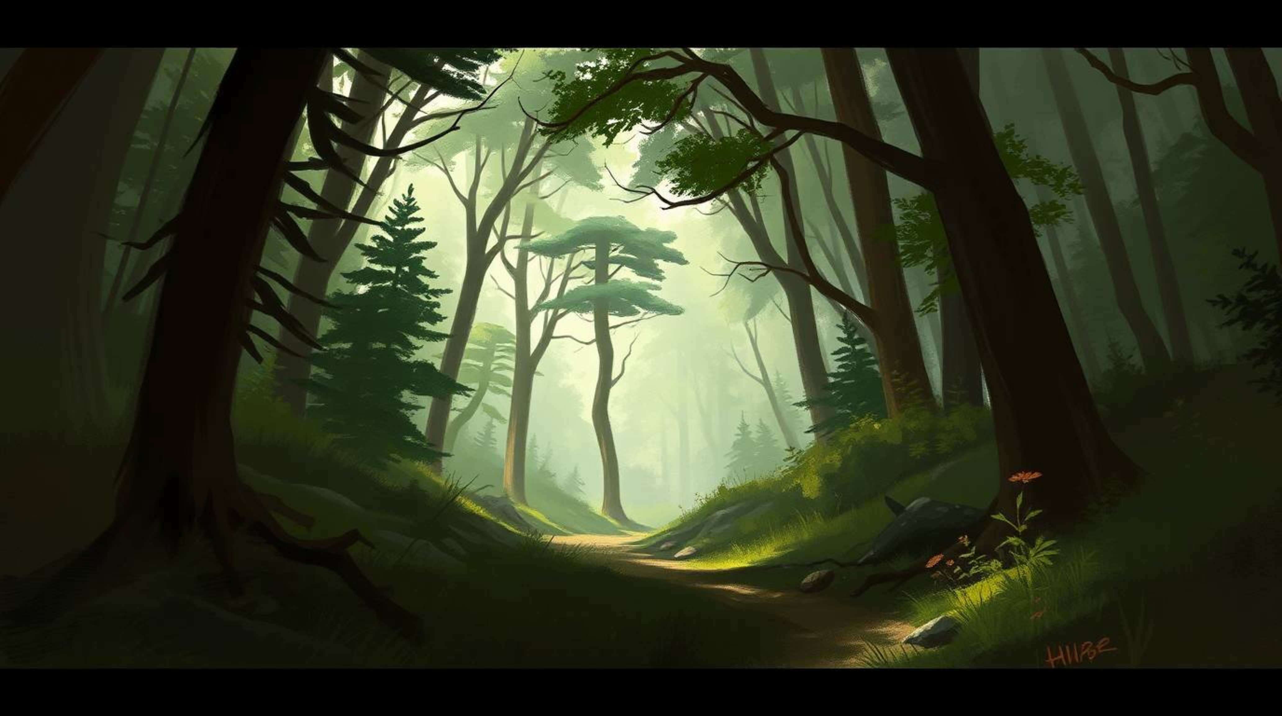 A dynamic digital sketch depicting a thrilling chase through a looping forest background.  The artwork features loose painter