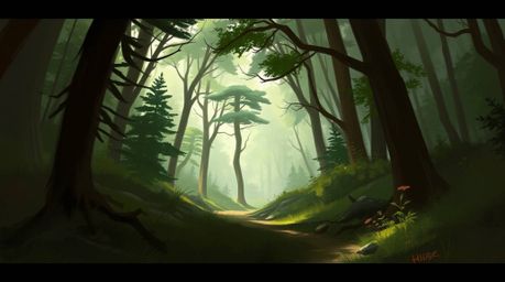 A dynamic digital sketch depicting a thrilling chase through a looping forest background.  The artwork features loose painter