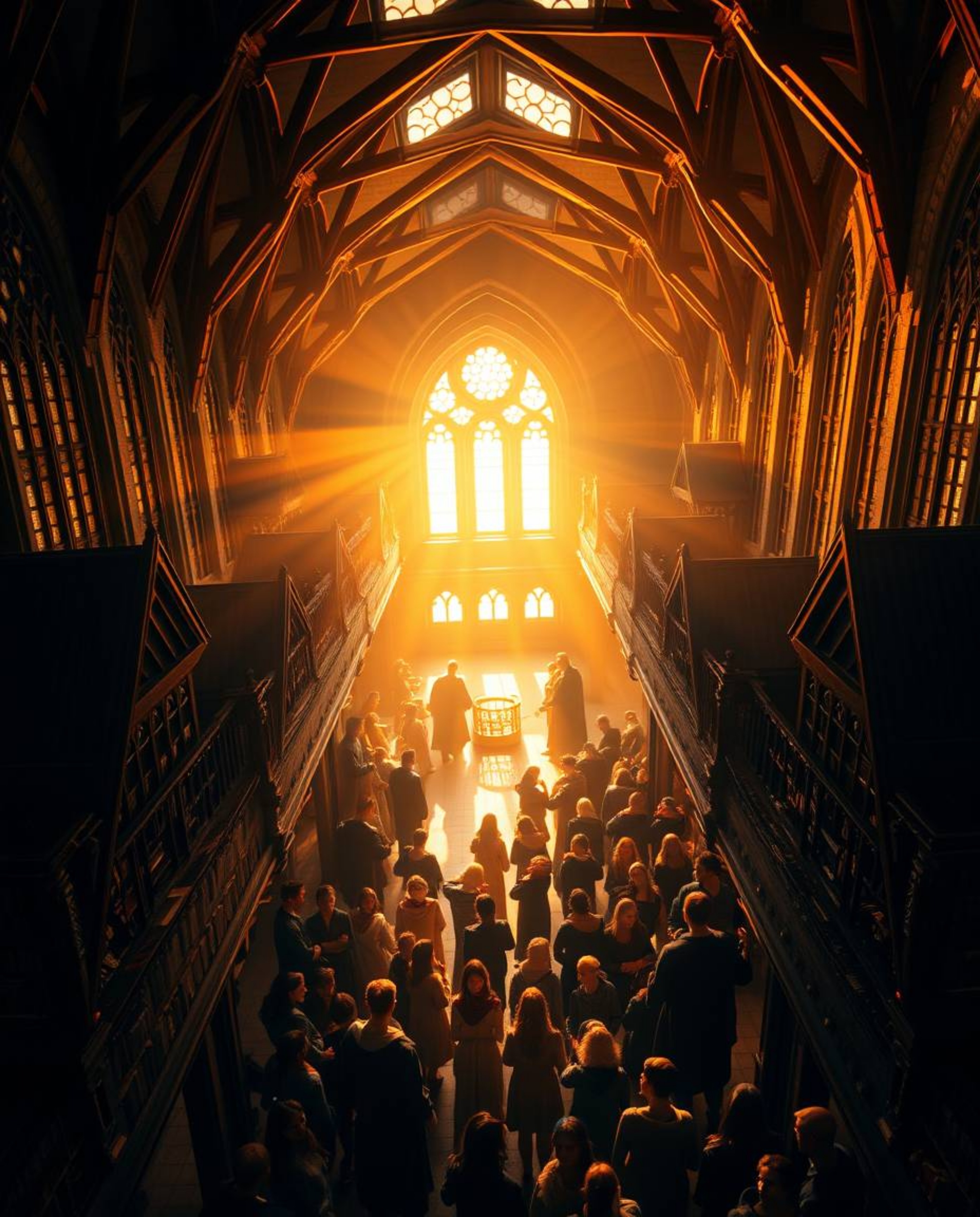Experience the enchantment of a magical school filled with young wizards, bathed in the warm, golden hour light. Captured fro