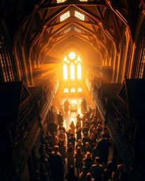 Experience the enchantment of a magical school filled with young wizards, bathed in the warm, golden hour light. Captured fro