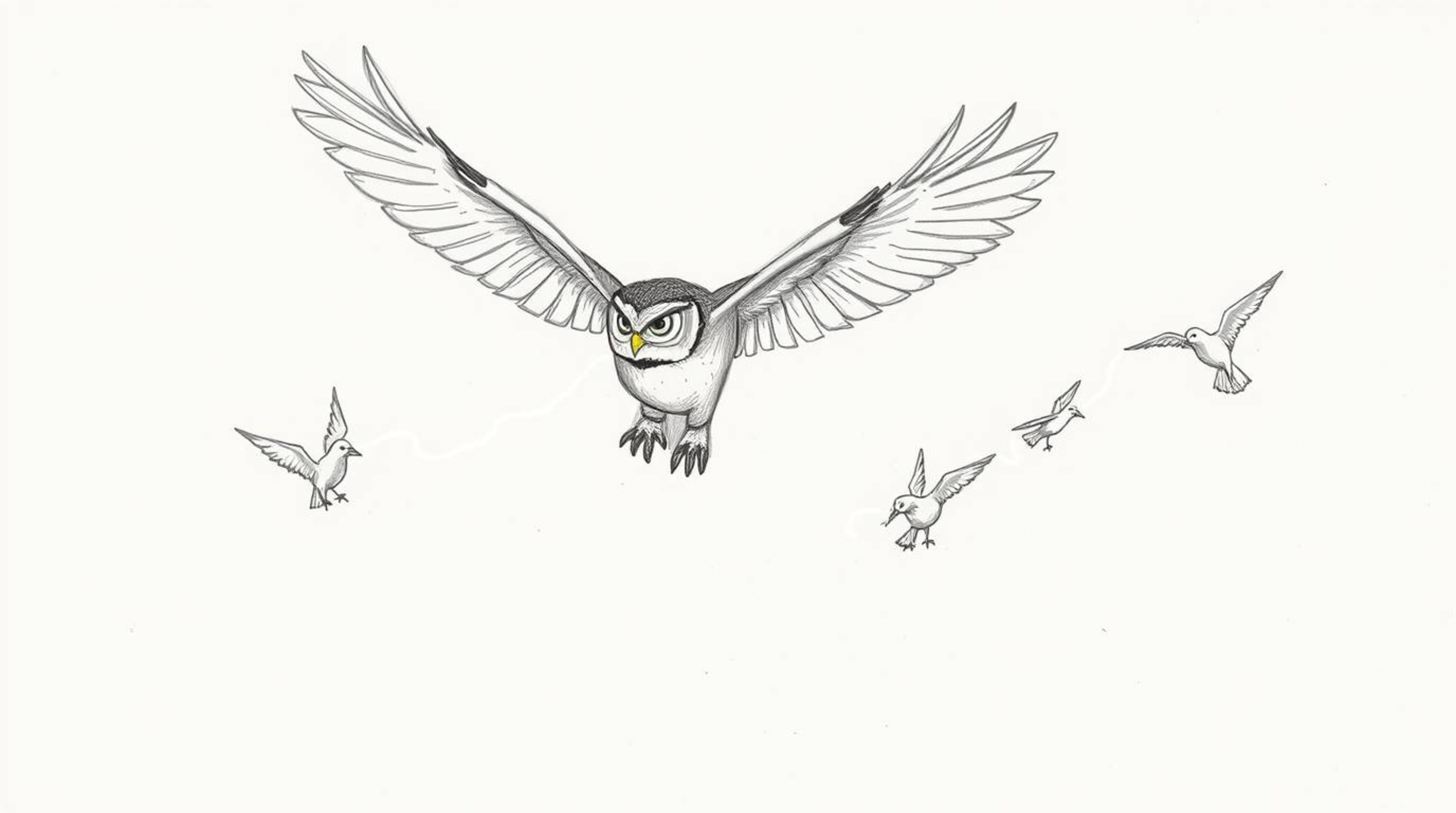 This hand-drawn sketch in the style of Pixar features a blind owl gracefully mid-flight, leading several birds in a flying le
