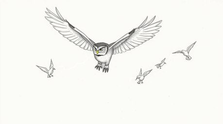 This hand-drawn sketch in the style of Pixar features a blind owl gracefully mid-flight, leading several birds in a flying le