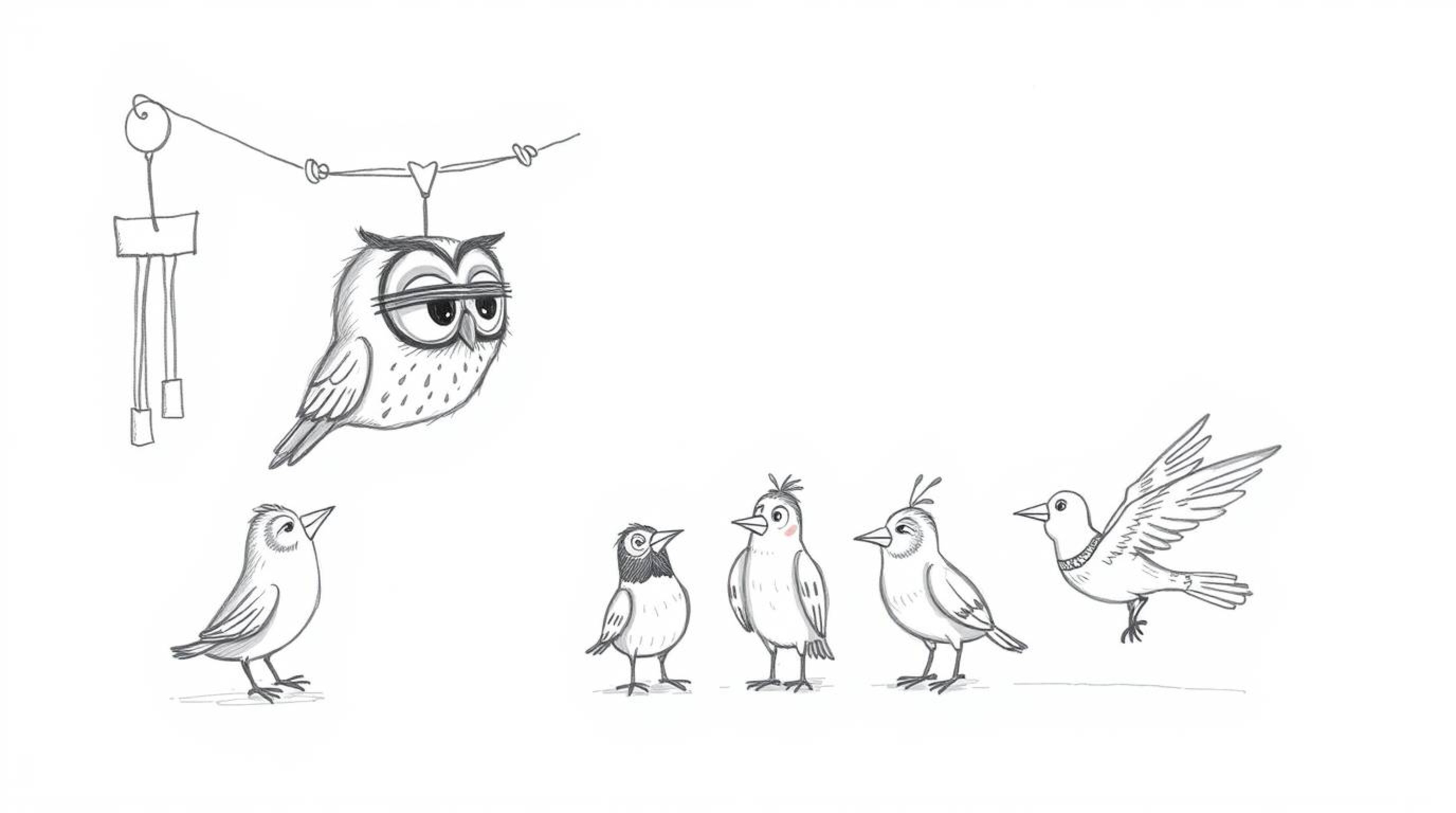 A whimsical hand-drawn sketch in a Pixar-inspired style depicts a blind owl ingeniously using wind chimes and cloth flaps to 