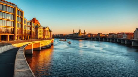 Stunning architectural photography captures a river delta bathed in the warm glow of autumn.  Strong, hard light accentuates 