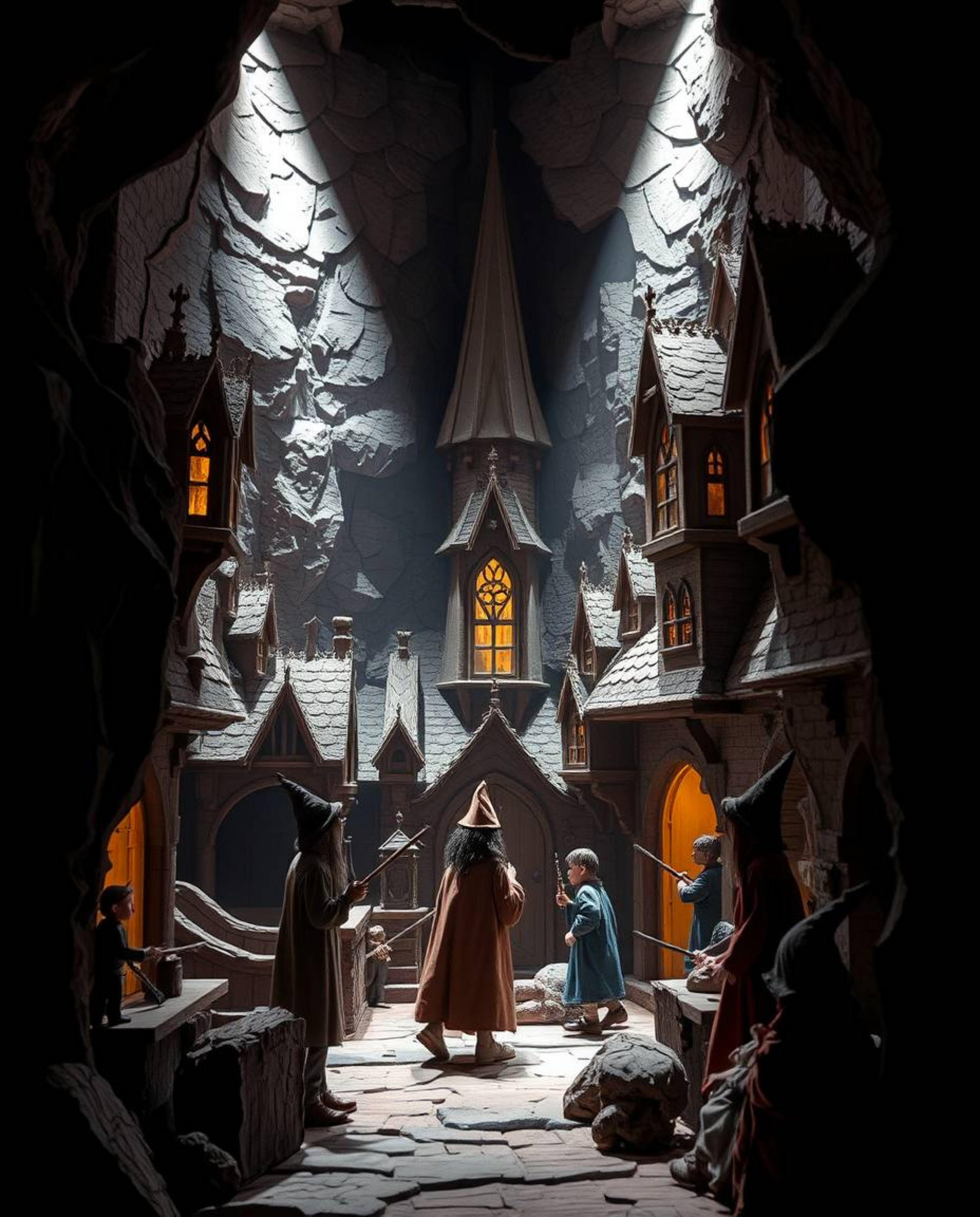 Explore a sculpted papier-mâché magical school illuminated by intense, dramatic lighting, showcasing young wizards and layere