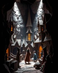 Explore a sculpted papier-mâché magical school illuminated by intense, dramatic lighting, showcasing young wizards and layere