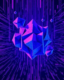 Discover stunning digital artwork featuring intricate origami-style geometric shapes floating in a vibrant cyberspace.  Rende