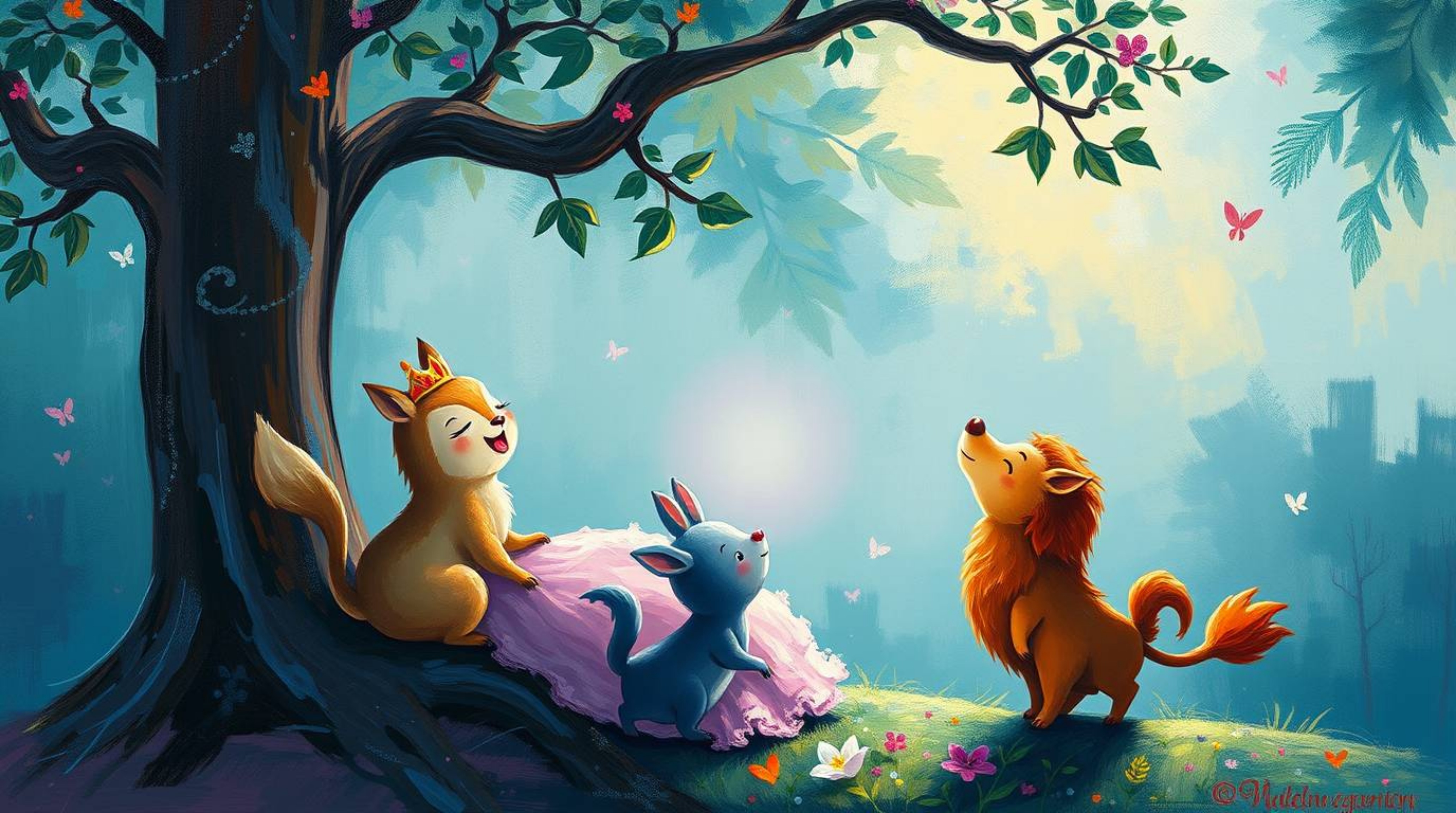 Immerse yourself in a soft, dreamy atmosphere with this bold acrylic painting depicting a princess singing with forest animal