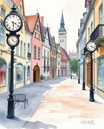 A delicate watercolor painting capturing the serene stillness of an empty town square, punctuated only by the gentle ticking 