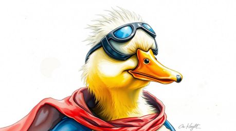 A delicate watercolor painting showcases a duck in an outlandish superhero costume, captured in a tight close-up. The artwork