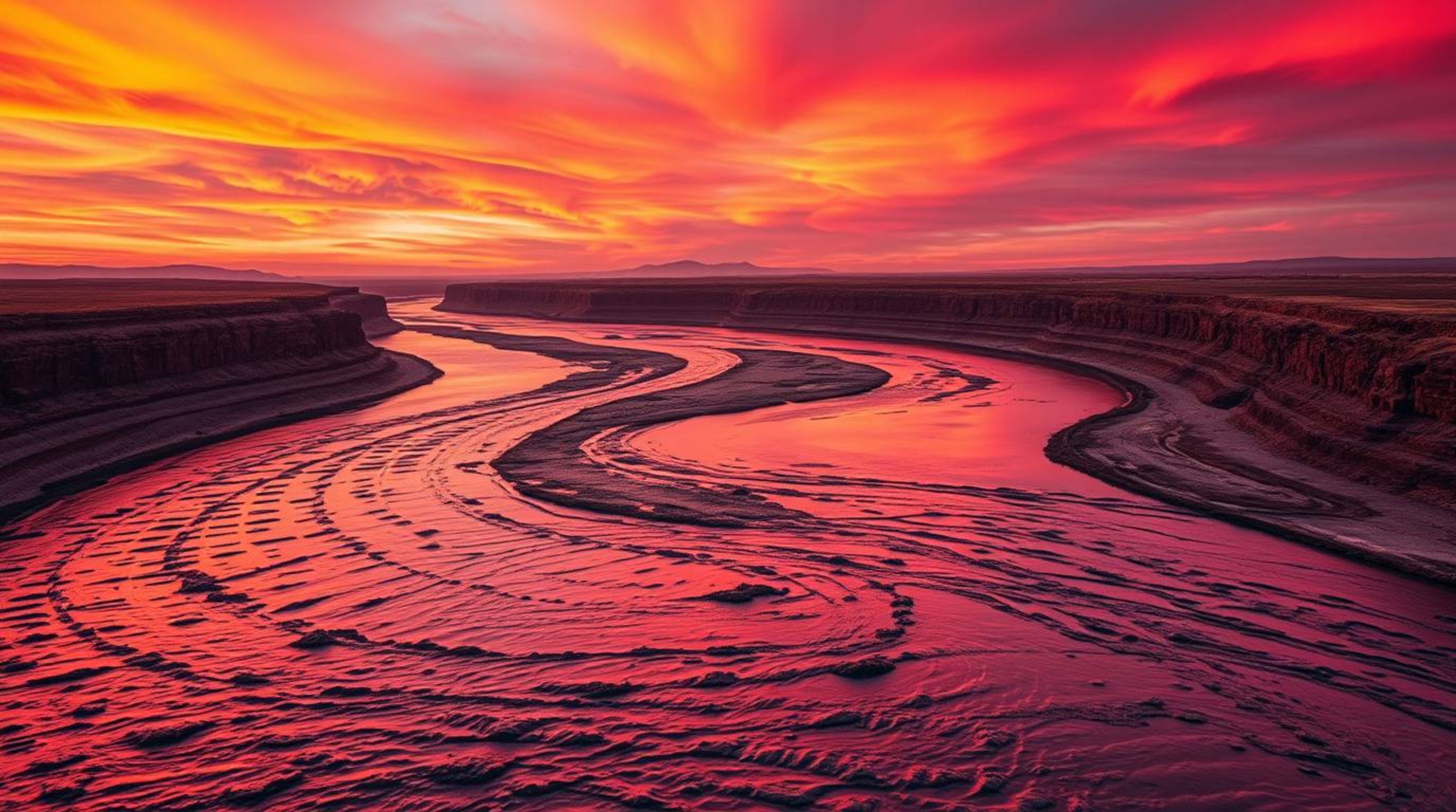 A captivating artwork depicting a winding river bathed in warm reds, oranges, and yellows, set against a dramatic orange-pink