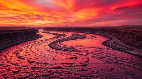 A captivating artwork depicting a winding river bathed in warm reds, oranges, and yellows, set against a dramatic orange-pink