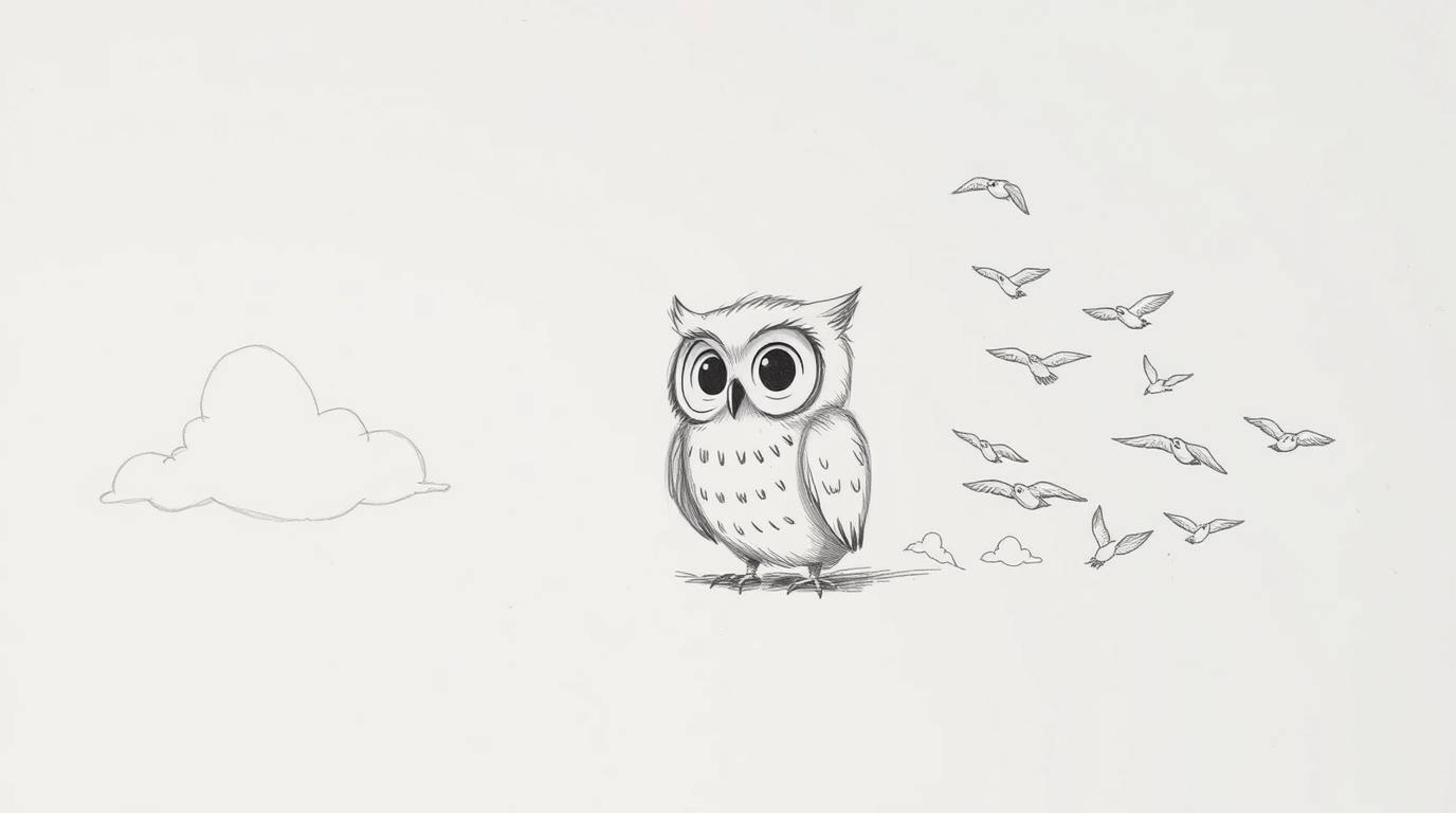 A heartwarming hand-drawn sketch reminiscent of Pixar showcases a blind owl with gentle feathers and captivating eyes as it g