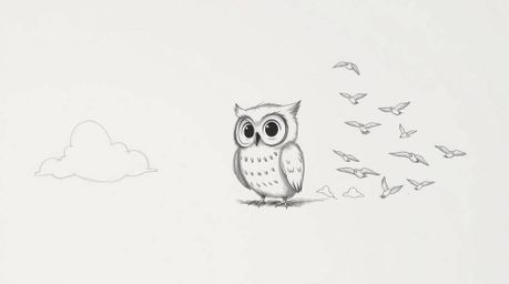 A heartwarming hand-drawn sketch reminiscent of Pixar showcases a blind owl with gentle feathers and captivating eyes as it g