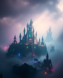 Explore a mesmerizing realm of volumetric lighting, where a colorful kingdom thrives amidst floating islands and majestic cas