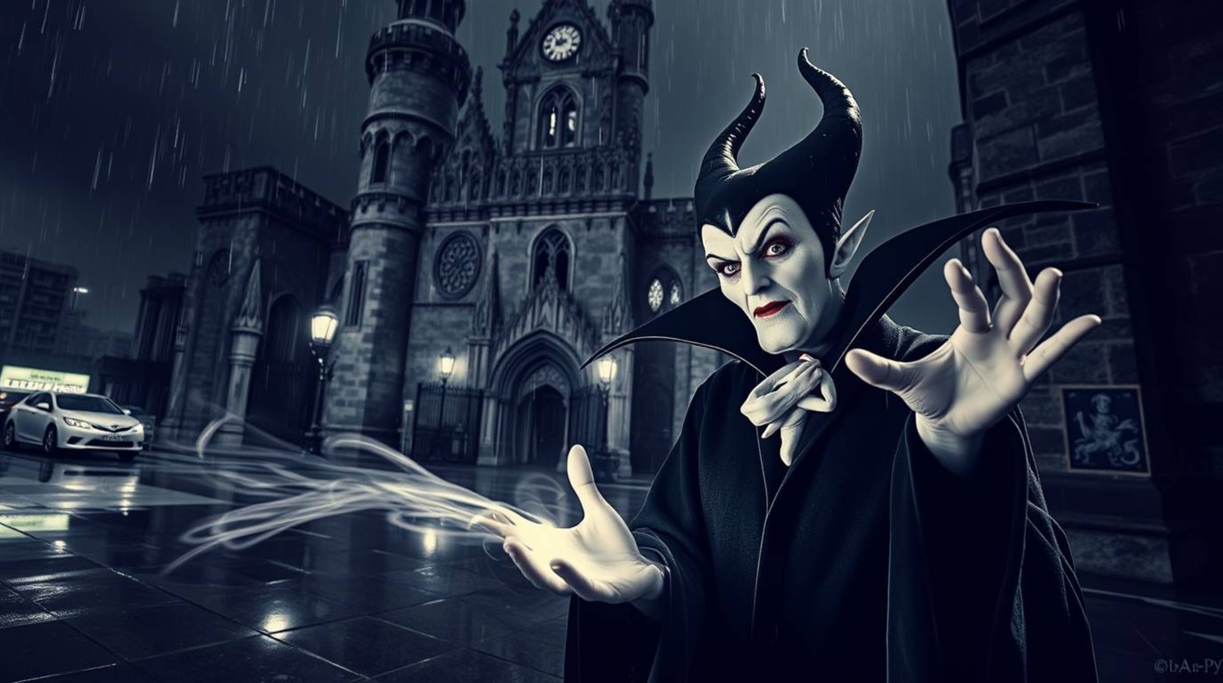 A classic Disney villain with sharp features and pale skin casts a spell in an old castle during a drizzling rain, captured i