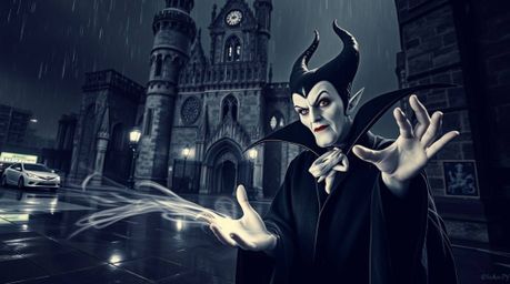 A classic Disney villain with sharp features and pale skin casts a spell in an old castle during a drizzling rain, captured i