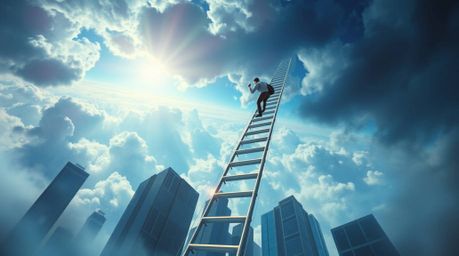 A captivating digital painting depicts a businessman ascending a transparent ladder that dissolves into a vibrant blue sky ab