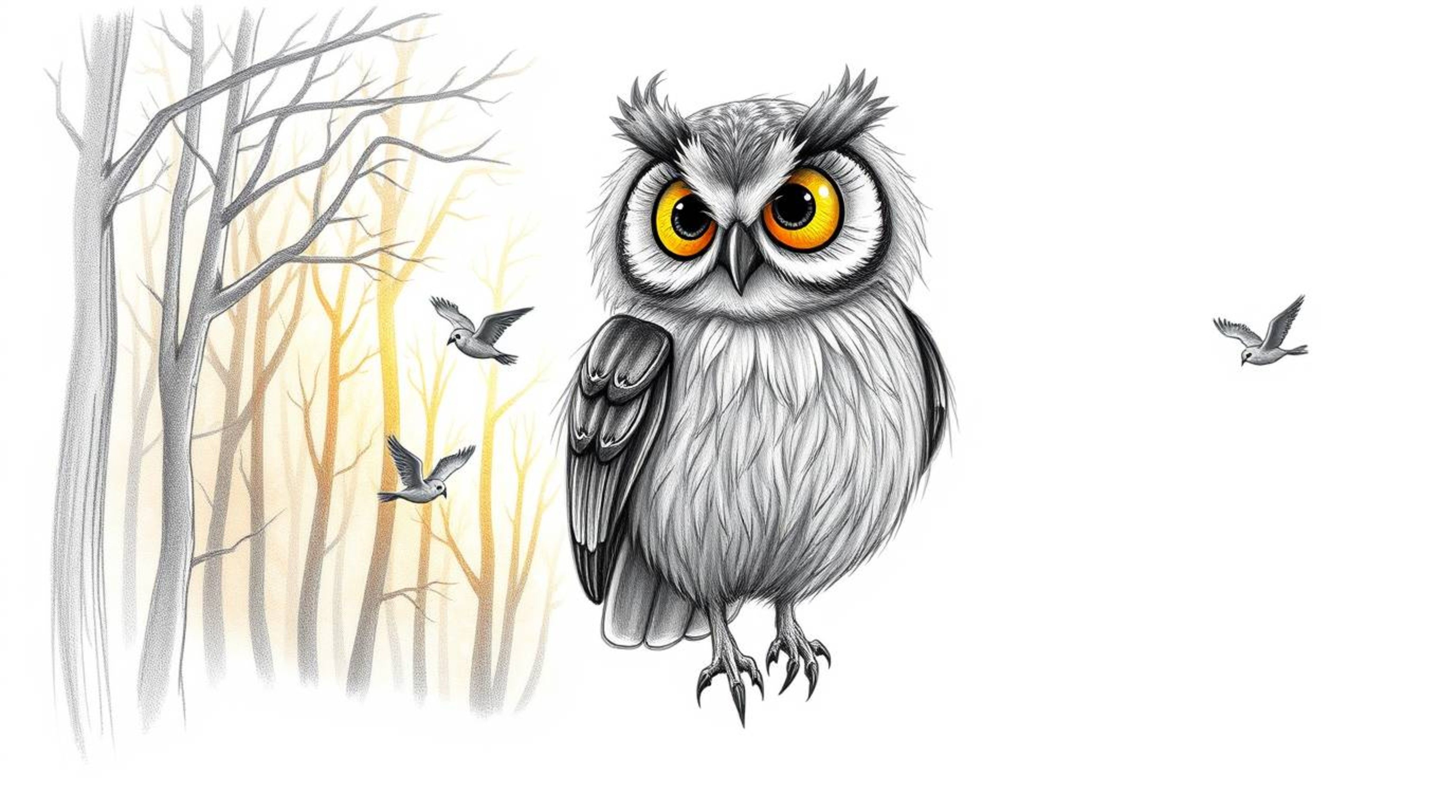 A charming hand-drawn pencil sketch in the style of Pixar, depicting a blind, large-eyed owl with soft downy feathers guiding