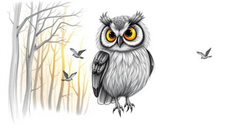 A charming hand-drawn pencil sketch in the style of Pixar, depicting a blind, large-eyed owl with soft downy feathers guiding
