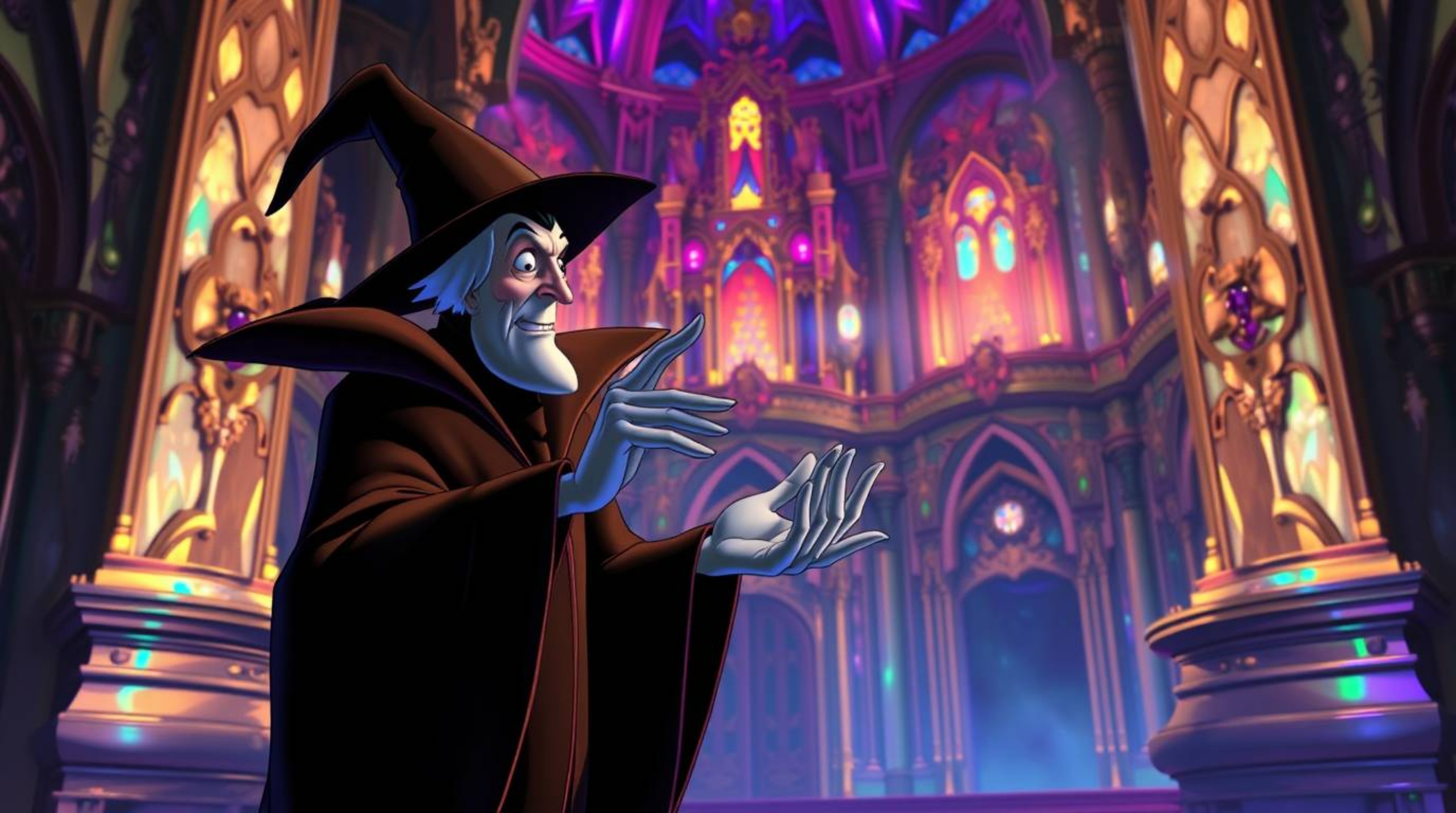 A classic Disney villain casts a mesmerizing spell within a majestic castle, its polished surfaces reflecting iridescent colo