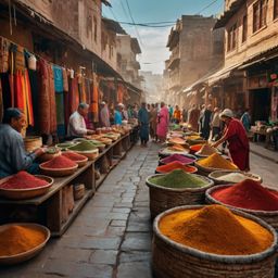 Immerse yourself in the vibrant atmosphere of an ancient city's bustling market street. Experience a sensory overload of col