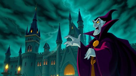 A classic Disney villain with sharp features and pale skin casts a powerful spell within a grand, gothic castle bathed in vib