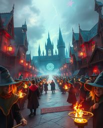 Immerse yourself in an epic, vibrant scene of a magical school teeming with young wizards. Electric colors, heroic elements,