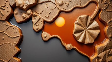 A stunning overhead shot showcases a sculptural clay artwork depicting a vibrant sunset reflected in a tranquil pond.  The pi