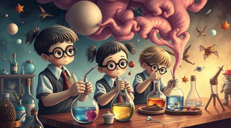 Discover whimsical, dreamlike imagery of adorable children in school uniforms conducting bizarre and fantastical experiments.