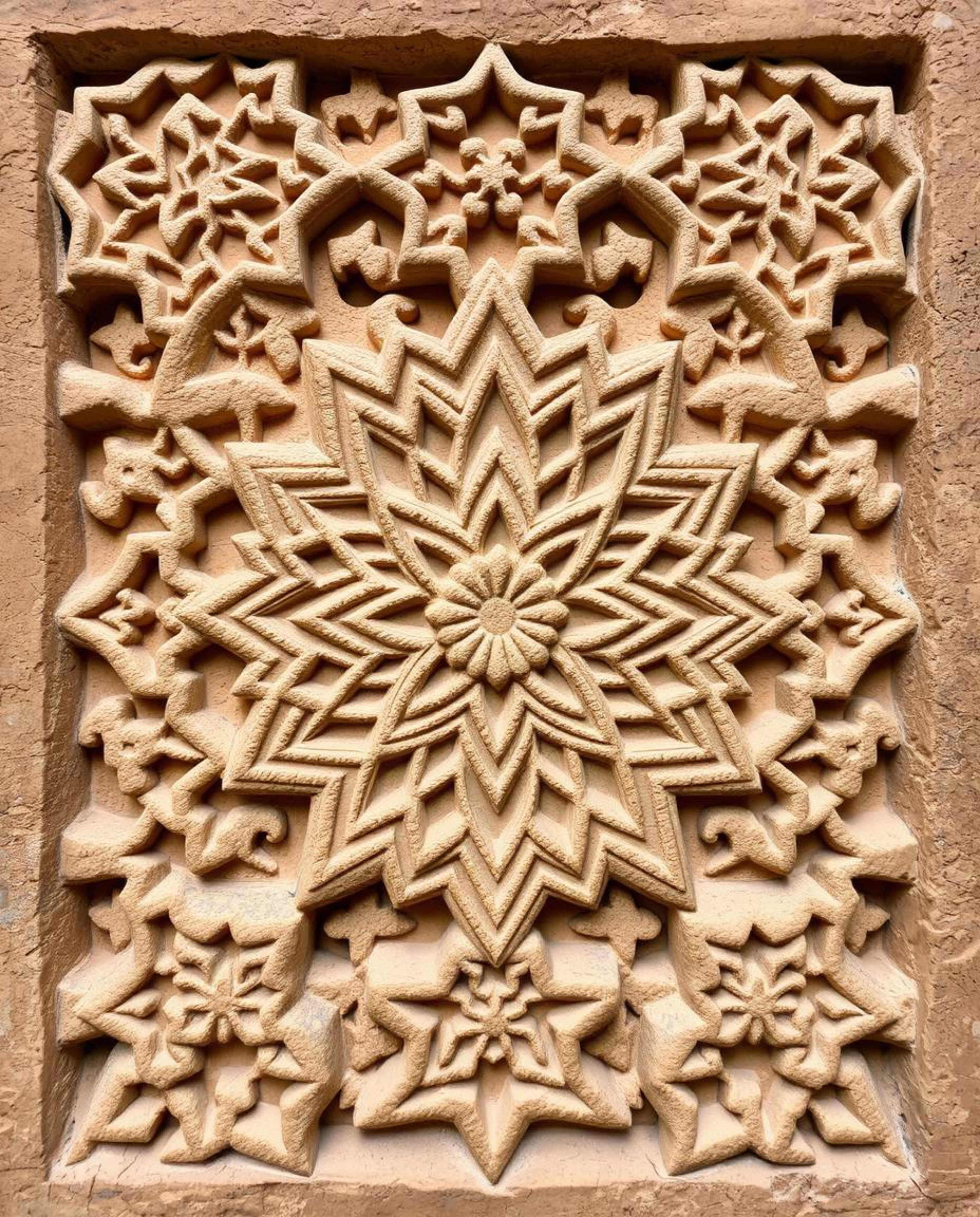 Explore the captivating world of sculptural clay art featuring natural earth tones and historically accurate Islamic geometri